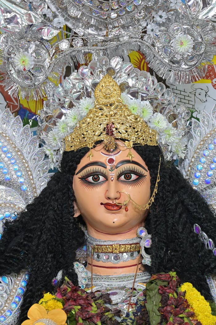 Colorful depiction of Goddess Durga during a Kolkata festival celebration.