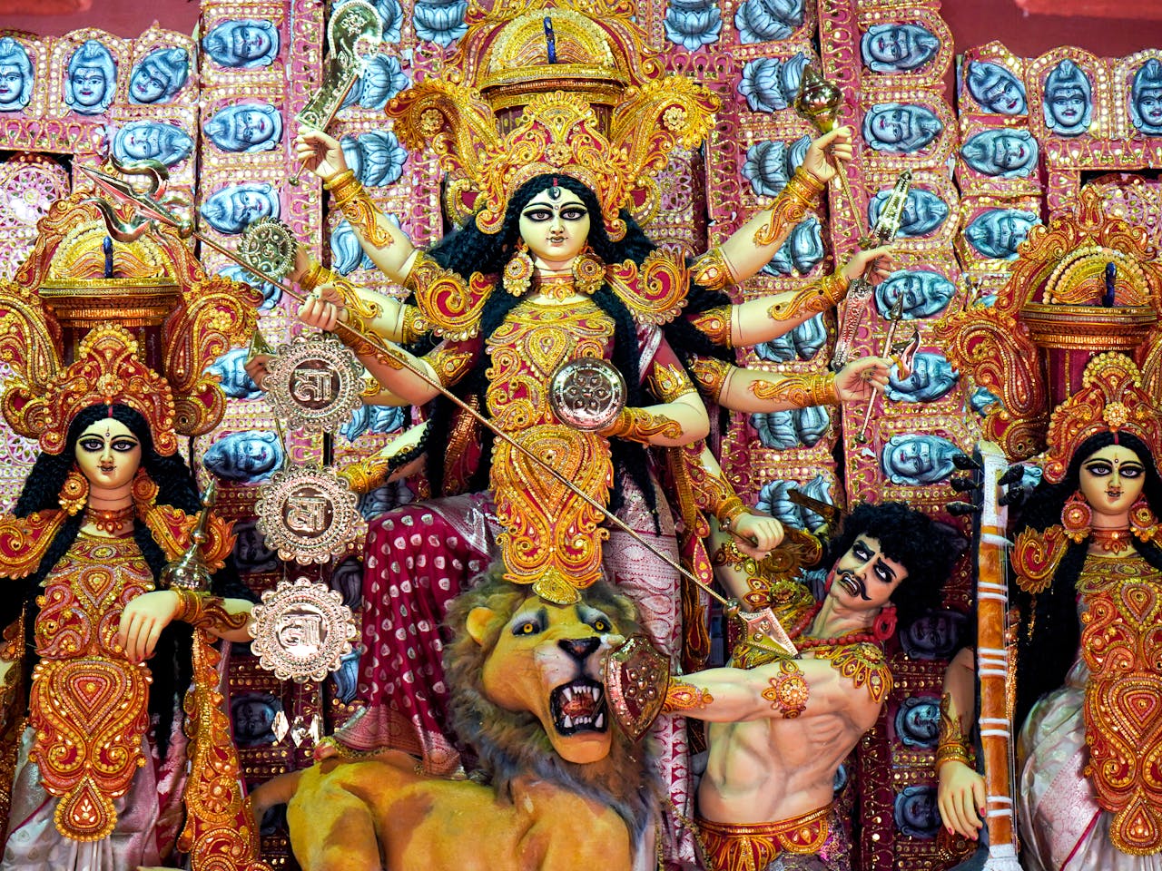 Colorful Durga Puja idol display capturing vibrant Bengali culture in Kolkata.