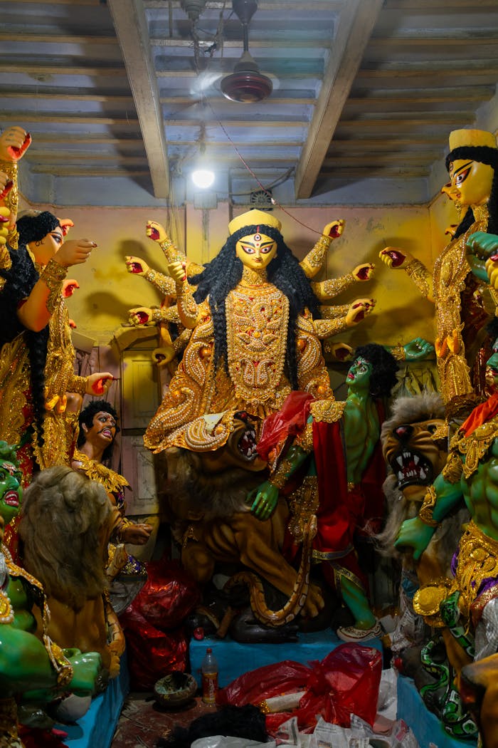 Vivid portrayal of goddess Durga idols prepared for the Durga Puja festival in Kolkata's Kumartuli district.